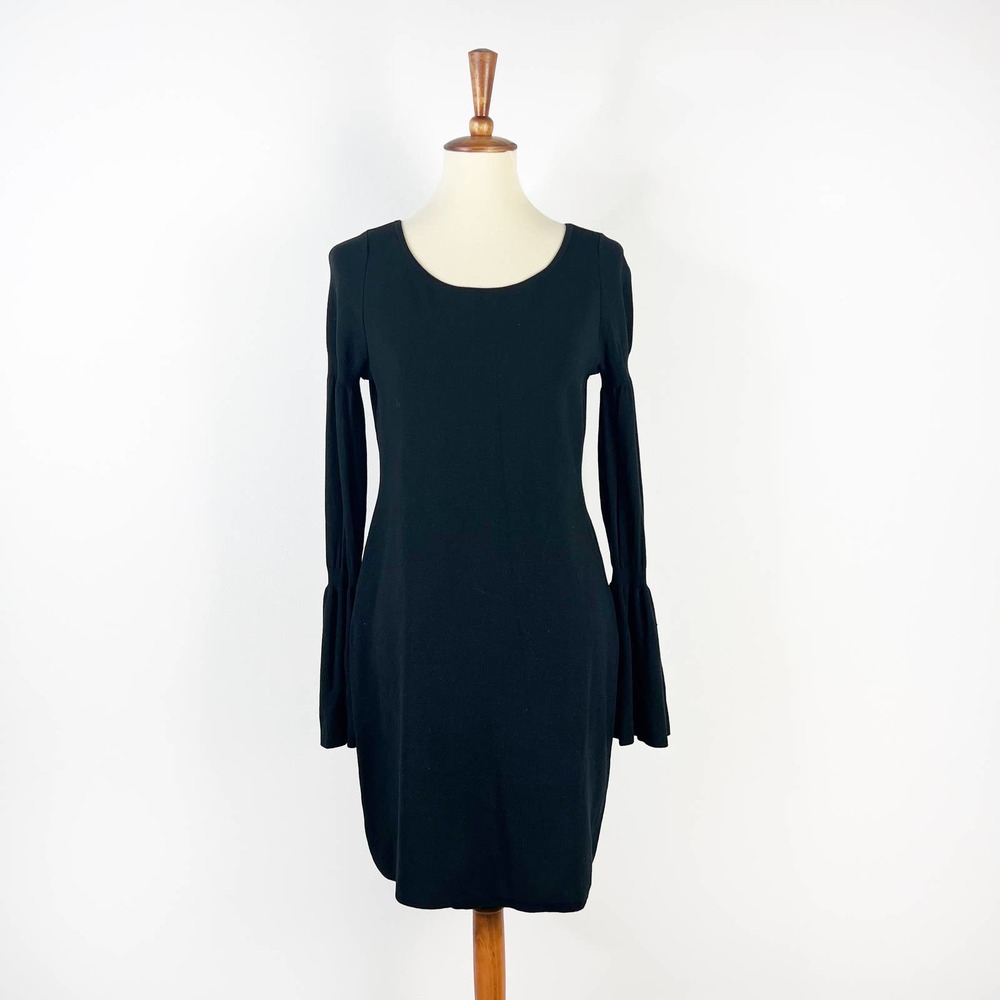 Ann Taylor black dress knit bell flare long sleeve size small